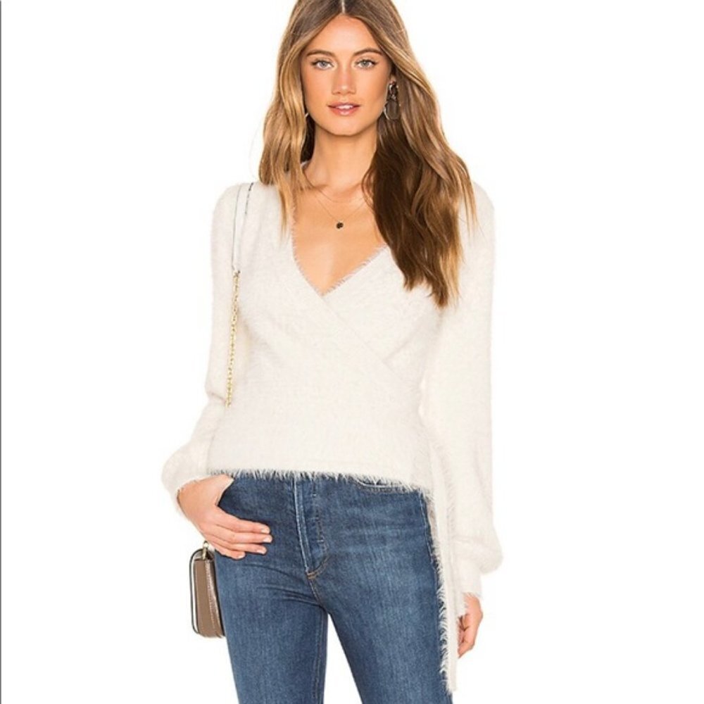 Revolve CUPCAKES & CASHMERE Oatmeal Gigi Fluffy Wrap Sweater NWT